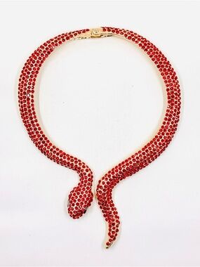 Gold Tone Hinged Red Rhinestone Snake Collar Choker Necklace 18” NWOT